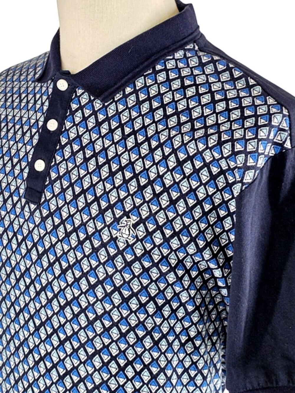 Original Penguin Polo Shirt Mens XXL Geometric Print Navy Blue Mod Golf Knit